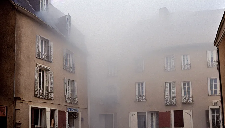 Image similar to 1 9 7 0 s movie still of a heavy burning french style townhouse in a small french village fog, cinestill 8 0 0 t 3 5 mm, heavy grain, high quality, high detail, dramatic light, anamorphic, flares