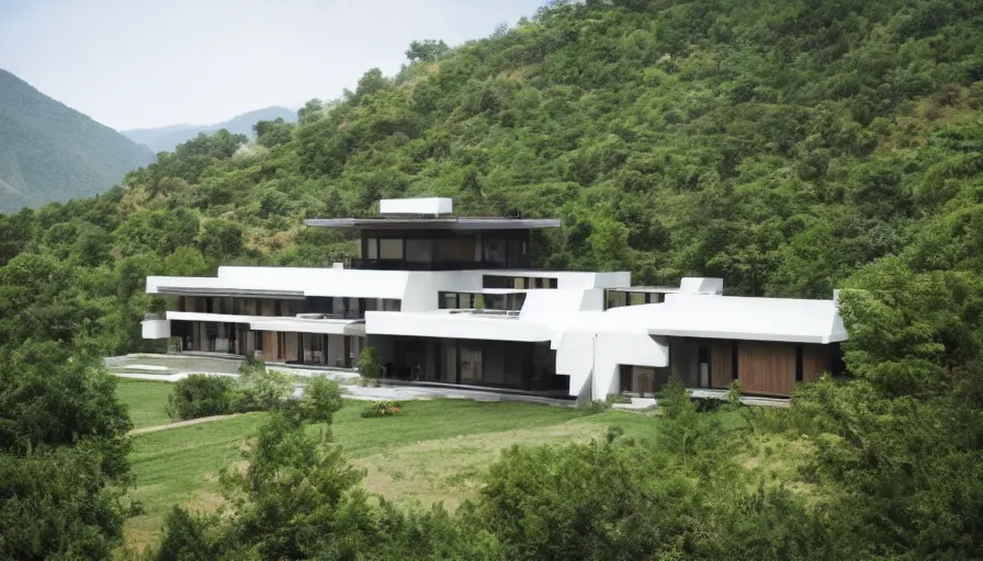 Image similar to villa inspired by tibetan architecture, on a green hill, overlooking a valley with trees, frank lloyd wright, zaha hadid, le corbeusier, photorealistic, birds eye view