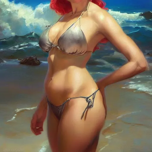 Image similar to A beautiful oil painting of a pretty old lady in a bikini by Lucas Graciano, Frank Frazetta, Greg Rutkowski, Boris Vallejo, epic, fantasy, character art, high fantasy