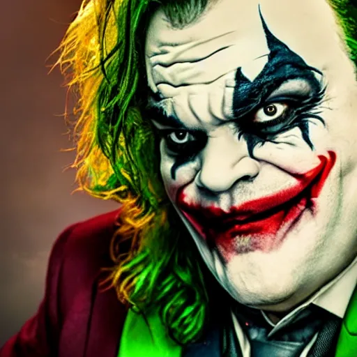 Image similar to jack black as the joker, movie still, 8 k