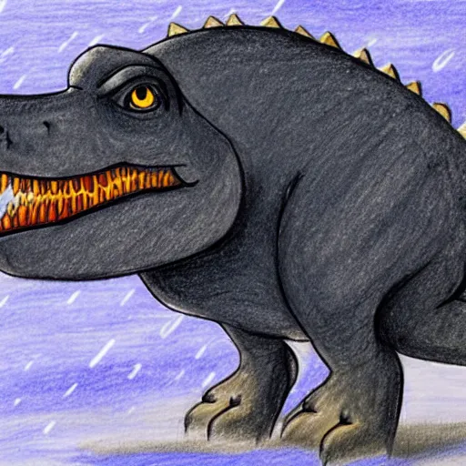 Image similar to cute drawing of a t-rex standing in a snowstorm