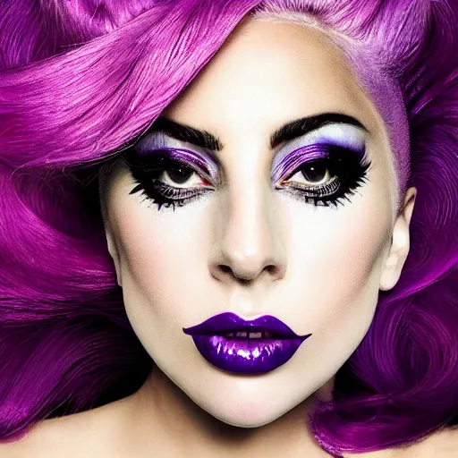 Prompt: lady gaga with pink hair wearing a purple dress, an album cover by Hedi Xandt, featured on tumblr, afrofuturism, made of rubber, made of plastic, elite