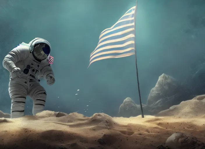 Image similar to astronaut underwater putting a flag in the sand of the bottom of the ocean. there is a submarine behind the astronaut in the distance. dark, concept art, cinematic, dramatic, atmospheric, 8 k, trending on artstation, low visibility, zack snyder