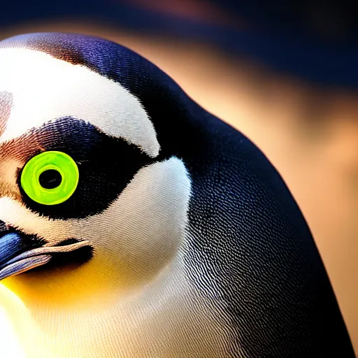 Image similar to portrait photo of a penguin as a jedi, blue and yellow lighting, dark, cinematic, high quality, 4 k