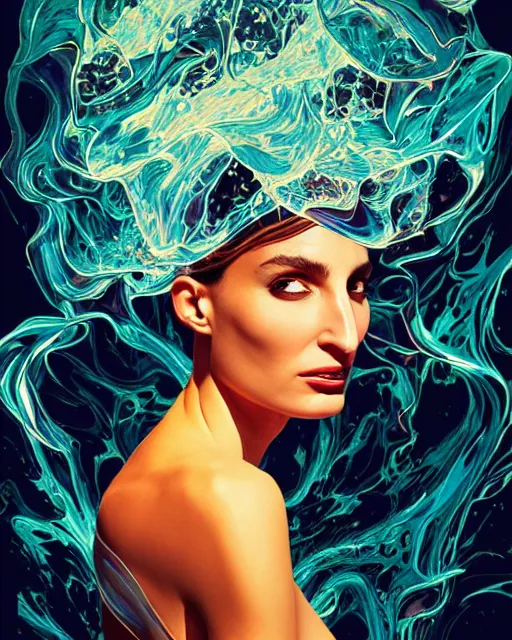 Prompt: delirium, chaotic storm of liquid smoke, stylized beauty portrait of natalia portman, by petros afshar, ross tran, tom whalen, peter mohrbacher, artgerm, shattered glass, bubbly underwater scenery, radiant light