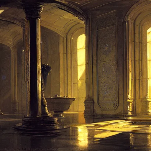 Prompt: painting of a steel scifi liminal space made of ceramic marble wall, balmain ornamentation, bioluminiscent, syd mead, andreas achenbach