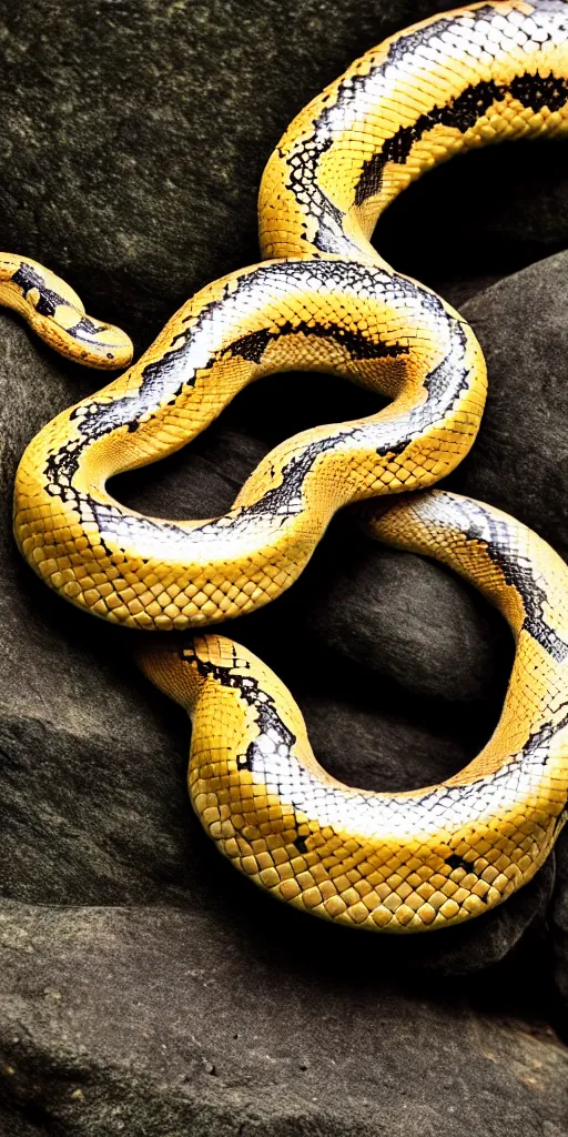 Image similar to real picture of a living ouroboro, infinity snake, eating it's own tail, on a dark rock background