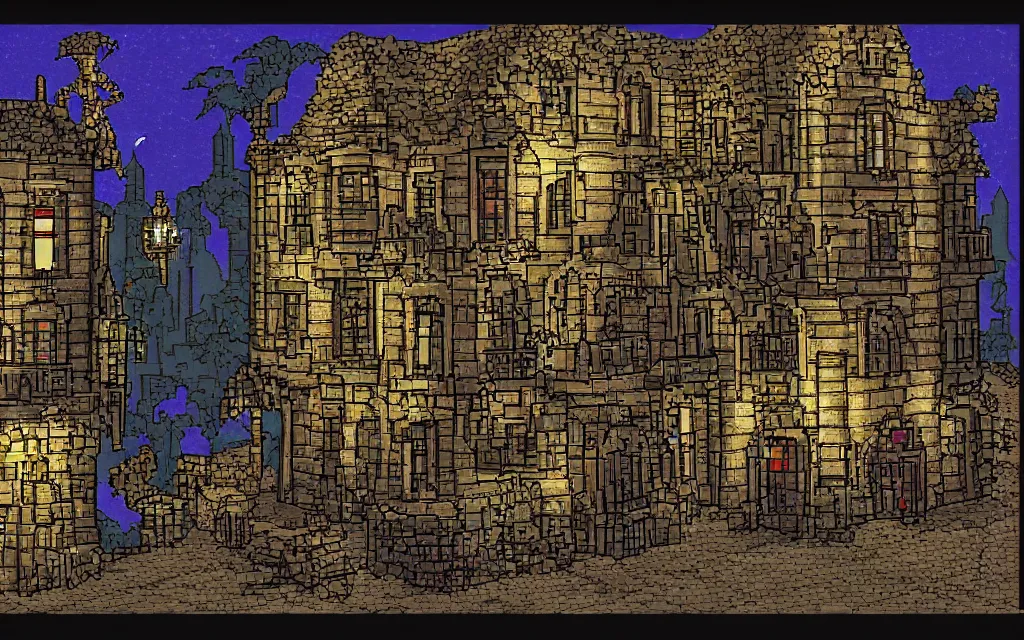 Image similar to Sideview of an 18th gothic street at night. Pixel art, high fantasy.