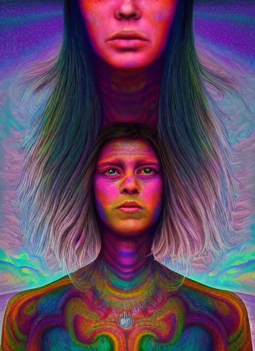 Image similar to portrait ultra dimensional cult girl shaman, accidentally tripping on dmt and acid, psychedelic experience, overwhelming psychosis of self realization and burning awakening, ultra high definition, unreal engine 5, hyperrealism, masterpiece composition, by casey weldon, barclay shaw