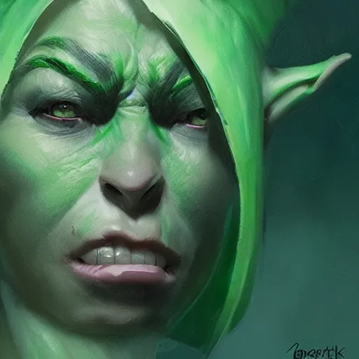 Image similar to character portrait of a green orc female, light green tone beautiful face by greg rutkowski, trending on artstation