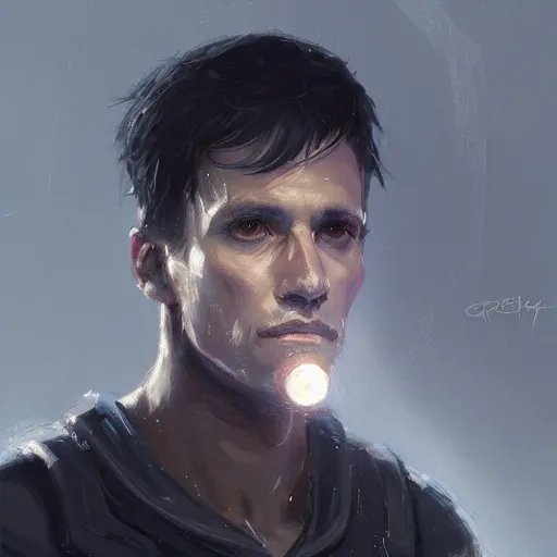 Image similar to portrait of a man by greg rutkowski, he is about 3 0 years old, short black hair with bangs, scared and incredulous, very tall and slender, he is wearing futuristic space gear, highly detailed portrait, digital painting, artstation, concept art, smooth, sharp foccus ilustration, artstation hq