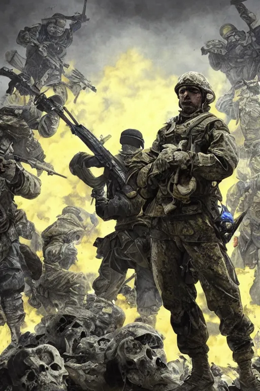 Image similar to a distant shot of a Ukrainian Call of Duty soldier with blue and yellow uniform standing alone on a pile of skulls as a winner, masculine figure, D&D, fantasy, intricate, elegant, highly detailed, extremely detailed, digital painting, artstation, concept art, matte, sharp focus, symmetrical, illustration, art by Artgerm and Greg Rutkowski and Alphonse Mucha