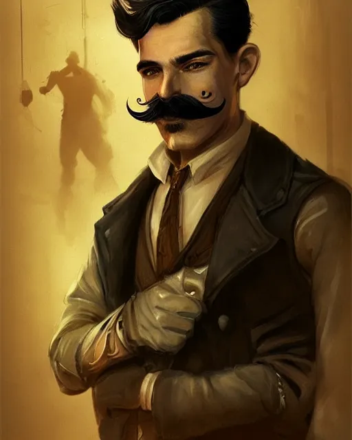 Image similar to a portrait of a male vintage thief with mustache by Cedric Peyravernay