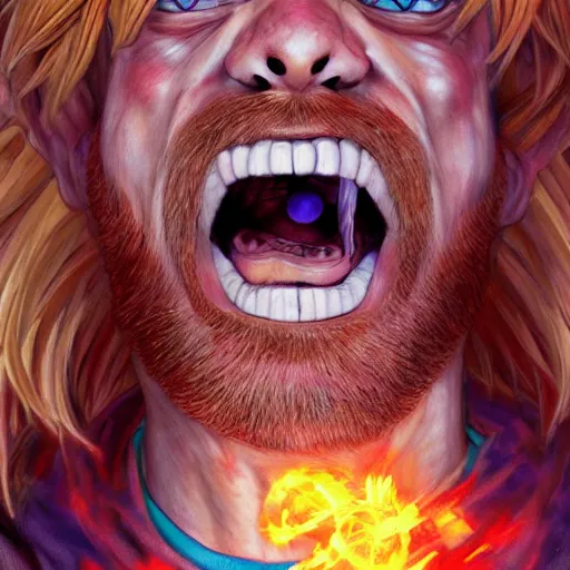 Image similar to shaggy from scooby doo reaching power level over 9000, au naturel, hyper detailed, digital art, trending in artstation, cinematic lighting, studio quality, smooth render, unreal engine 5 rendered, octane rendered, art style by klimt and nixeu and ian sprigger and wlop and krenz cushart