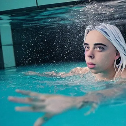 Image similar to billie eilish swimming in a pool full of dollars