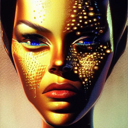 Image similar to an intricate, detailed face of an android, golden skin with water drops on it, dramatic lighting, trending on artstation, syd mead