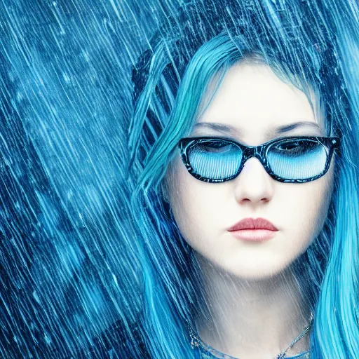 Prompt: highly detailed portrait of pretty lady with shifting shades of blue hair standing in a downpour, 4k resolution, inspired by Studio Ghibli
