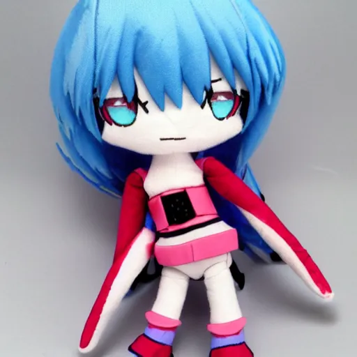 Prompt: rei chiquita, small plush of rei ayanami from evangelion