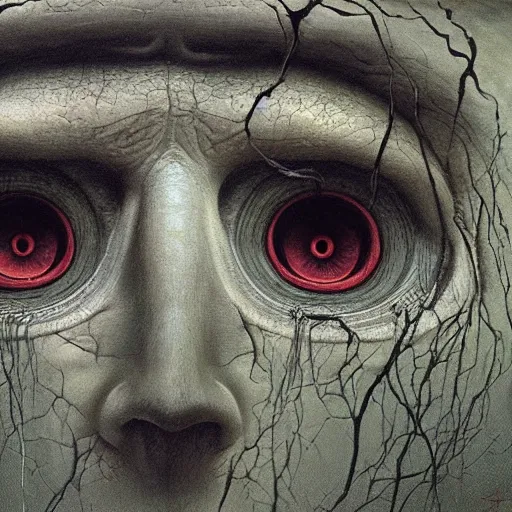 Image similar to Eyes by Zdzislaw Beksinski, Jeffrey Smith and H.R. Giger, oil on canvas, 8k highly professionally detailed, trending on artstation