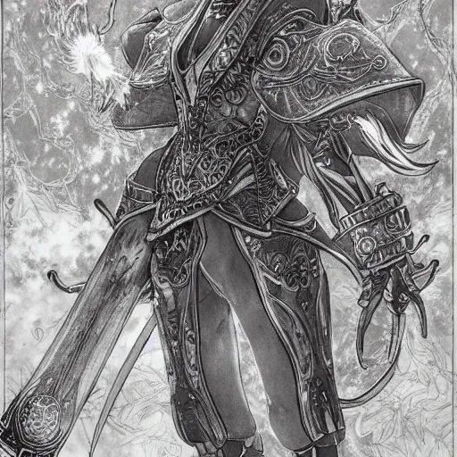 Image similar to a mage from final fantasy 14 drawn by Yoshitaka Amano, intricate, amazing line work