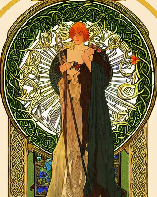 Image similar to an art nouveau painting of a the celtic god lugh, beautiful, shining sun, highly detailed, intricate, artstation, by alphonse mucha and james gurney