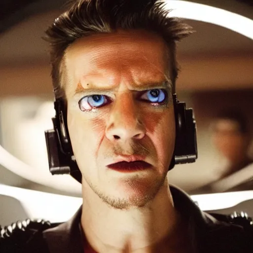 Image similar to movie still of a villain cyborg, facial expression, cinematic composition, cinematic light, surreal cinema, by edgar wright and david lynch,