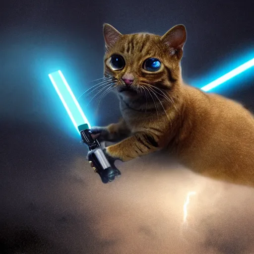 Image similar to film still of jedi cats lightsaber fighting in a texas thunderstorm, 4 k