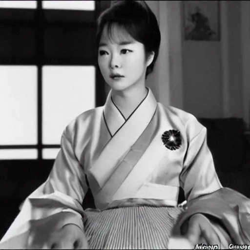 Prompt: The 1960s actress Choi Eun-Hee in a hanbok sitting on a couch, the room is dimly-lit and a starfish\'s arm reaches through the window, minimal cinematography by Akira Kurosawa, movie filmstill, 1950s film noir, thriller by Kim Jong-il and Shin Sang-ok, abstract occult epic composition