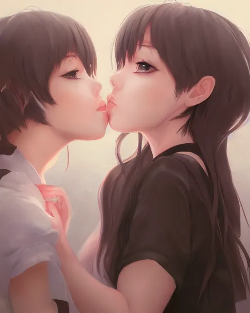 prompthunt: portrait of two girls kissing, anime, drawn by WLOP, trending  on Artstation