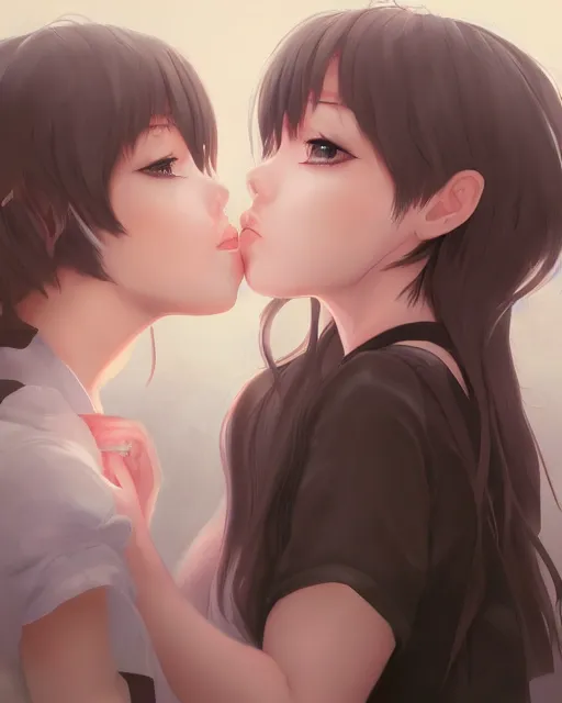 portrait of two girls kissing, anime, drawn by WLOP,, Stable Diffusion