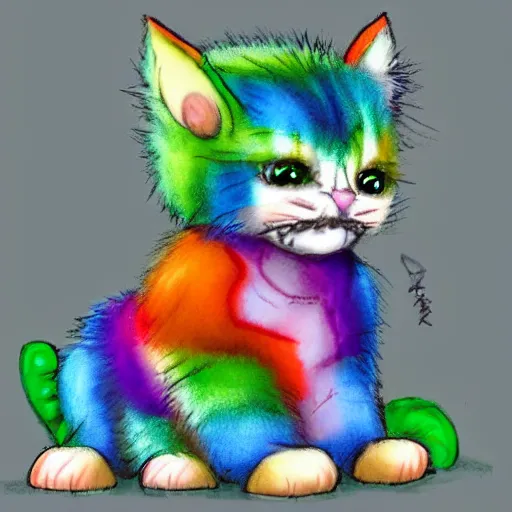 Image similar to wide angle full body, of a fluffy cute rainbow kitten wearing a black motorcycle jacket, concept art