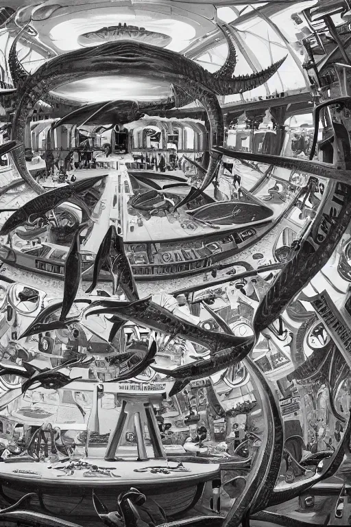 Image similar to the museum of everything, in the style of Robert McCall and Liz Danforth,trending on artstation, expensive lighting fish eye,creature concept art,black and white,oil and canvas ,in the silver hour,hyperrealism,