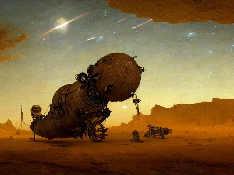 Image similar to an oil painting of an ancient dieselpunk spacecraft in the middle of an alien desert at dusk, aurora and stars light up the sky by beksinski carl spitzweg and tuomas korpi. baroque elements, full-length view. baroque element. intricate artwork by caravaggio. Trending on artstation. 8k