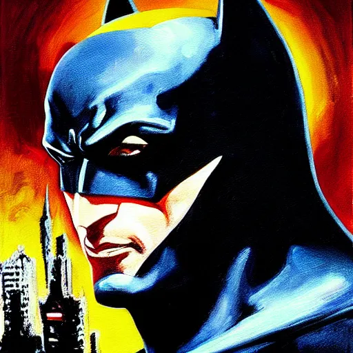 Image similar to Painting of a batman dark knight by Christopher Nolan oil painting