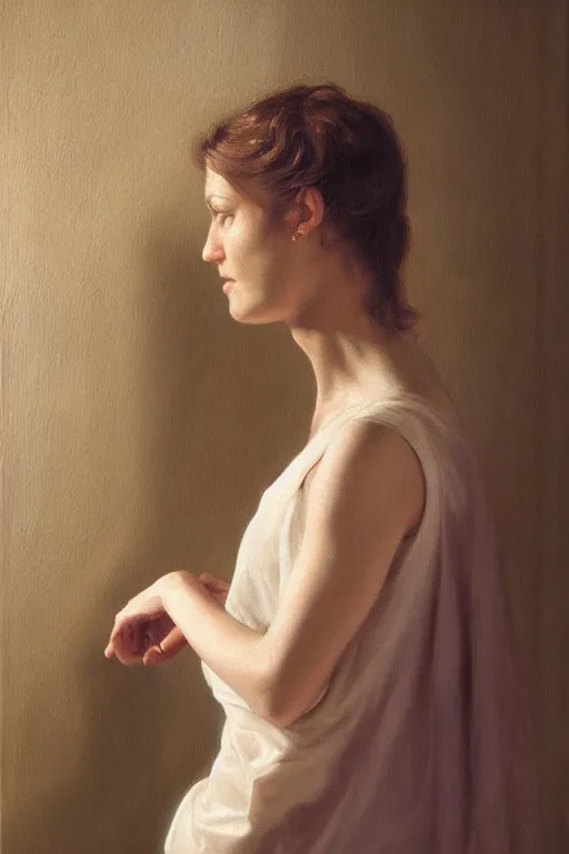 Prompt: hyperrealism, close-up portrait of woman looking at the painting, soft light, in style of classicism