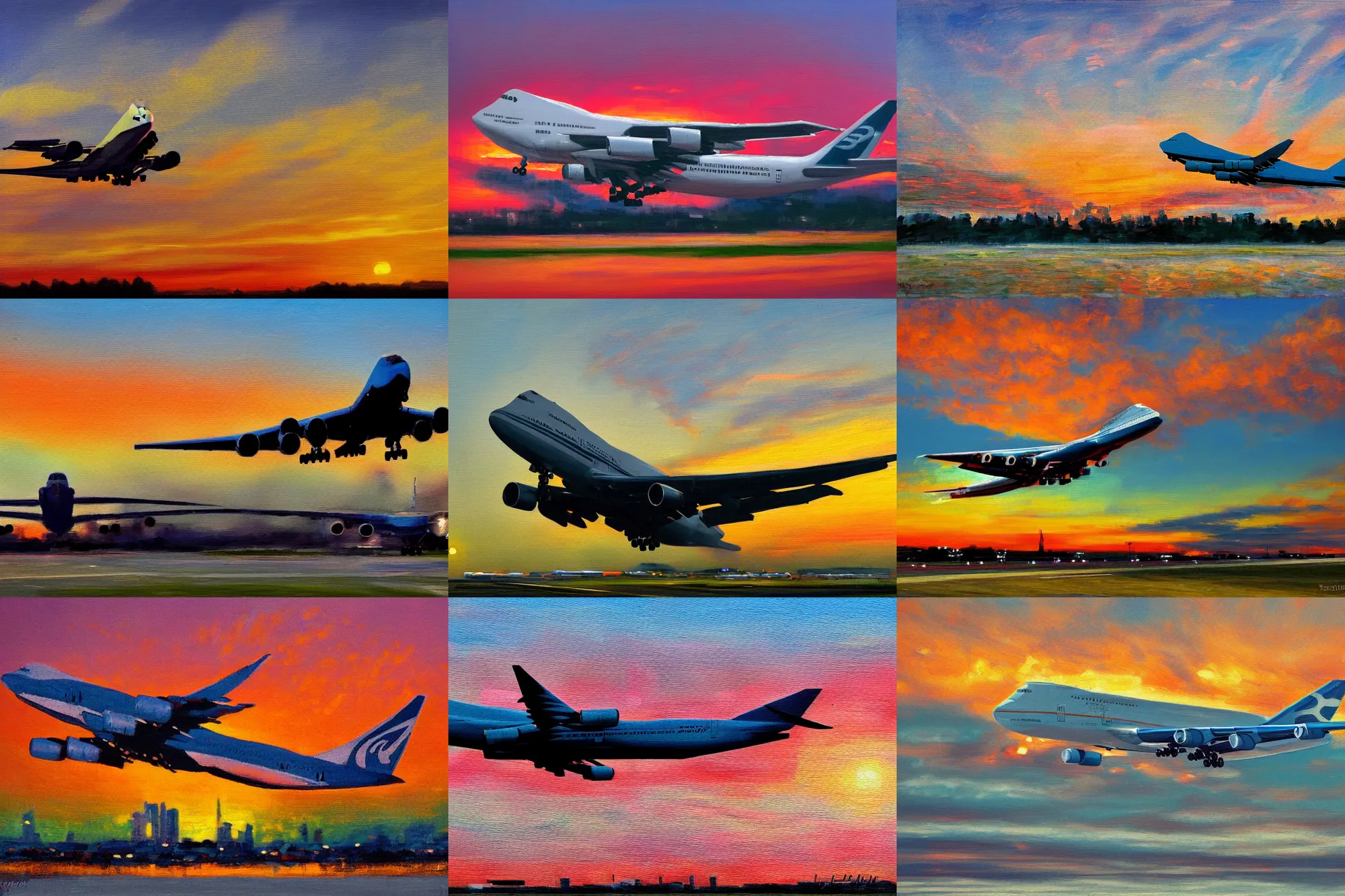 Prompt: impressionist painting of boeing 7 4 7 landing on an airport during sunset