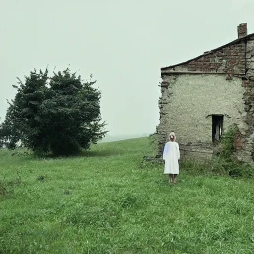 Image similar to a girl in a white cotton dress stands outside a decaying georgian farmhouse. an apple tree. folk horror