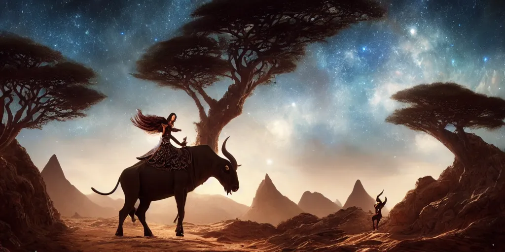 Prompt: a beautiful ornate woman, riding a bull in moonlit socotra island with dragon trees, starry night, sharp focus, wide shot, trending on artstation, masterpiece, by greg rutkowski, by ross tran, by fenghua zhong, octane, soft render, ultrarealistic, colorful, cinematic, shadow of the tomb rider