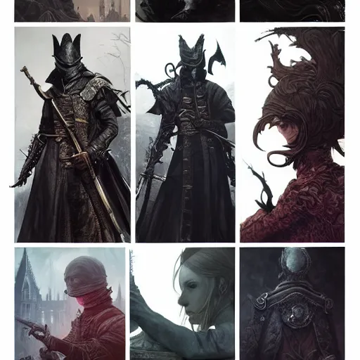 Prompt: super detailed portraits of bloodborne characters. futuristic, sharp focus illustrations, artstation hq. intricate, elegant. wlop, greg rutkowski, alphonse mucha,. dan mumford. incredible backdrop for repin. full height. decollage. cgsociety.