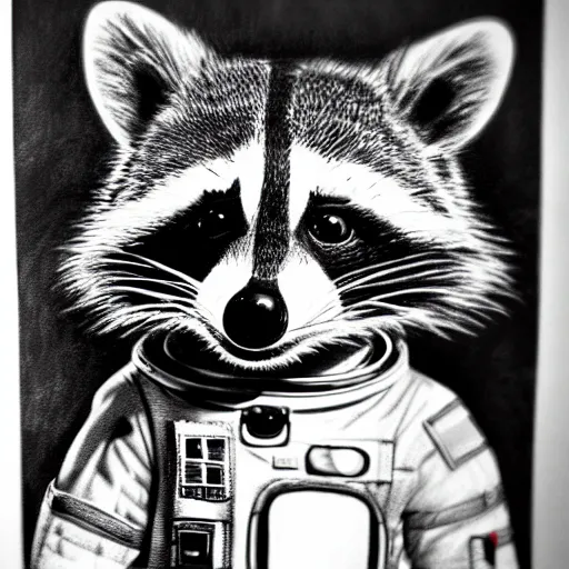 Image similar to a very detailed pencil drawing of a raccoon in an astronaut suit in space 4 k, high resolution, still, landscape, hd, dslr, hyper realistic, sketch