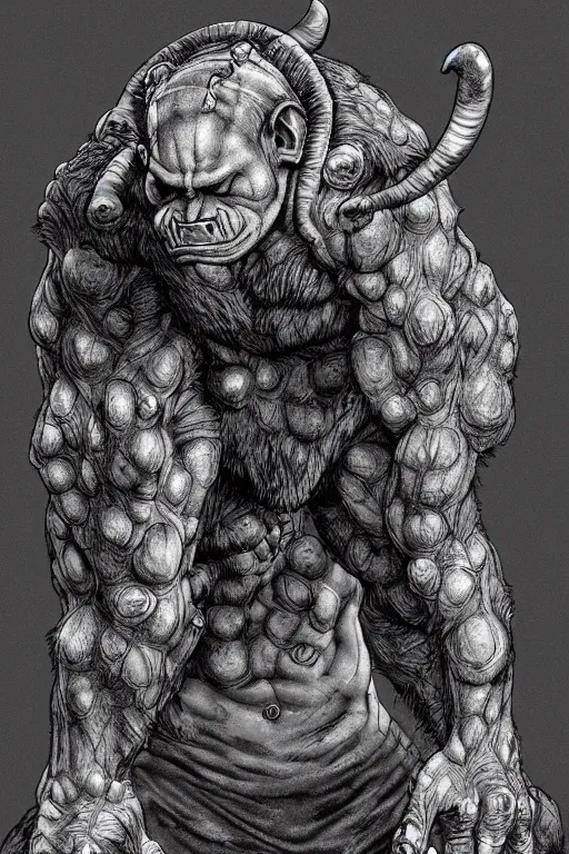 Image similar to humanoid hunched figure troll with 1 horn, ogre, ape, highly detailed, digital art, sharp focus, trending on art station, kentaro miura manga art style