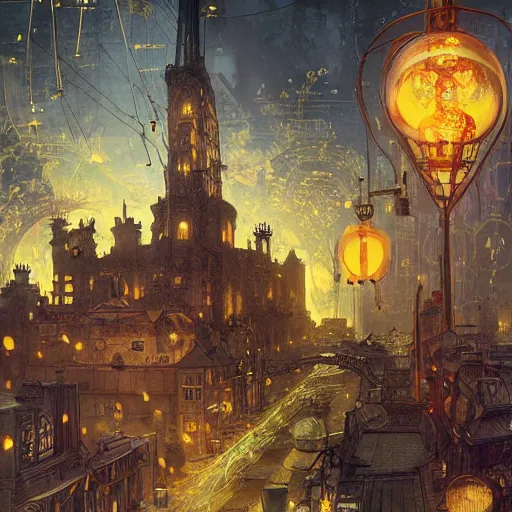 Prompt: hitler, steampunk city, so many wires, magic library, carving on southern ice porcelain , overdetailed art, by greg rutkowski, by Alfons Mucha, complementing colors, magic, colorful lights, fireflies, detailed illustration