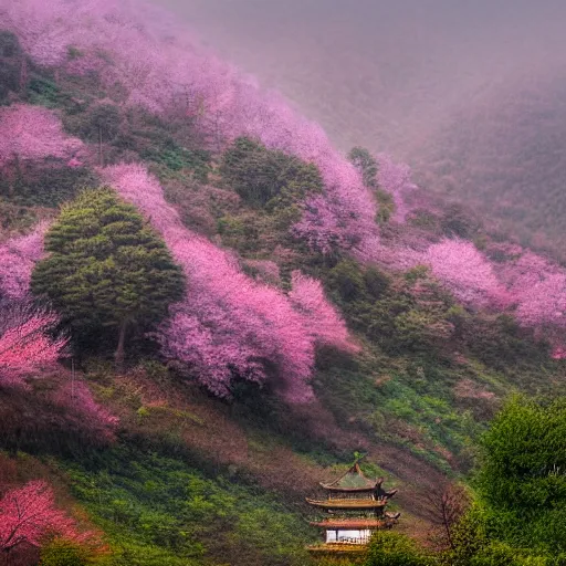 Prompt: chinese landscape of mountains in fog with sakura trees
