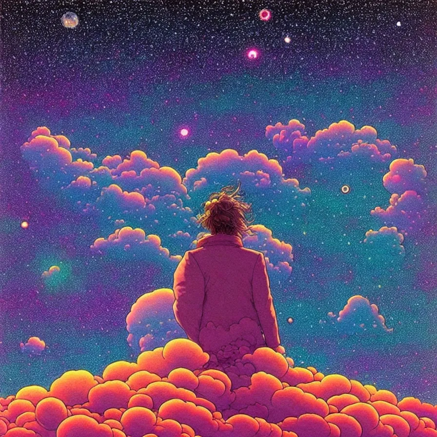 Image similar to ( ( ( ( beautiful starry sky and cloud ) ) ) ) ) by mœbius!!!!!!!!!!!!!!!!!!!!!!!!!!!, overdetailed art, colorful, record jacket, warm tones, bioluminescent