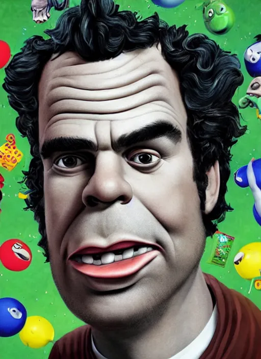 Image similar to trippy surrealist mark ruffalo portrait on a cereal box by aardman animation