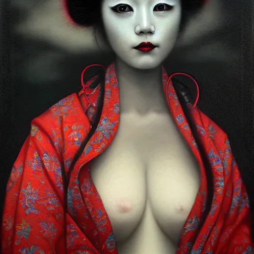 Image similar to portrait of a geisha monster with red glowing eyes, dark, moody, foggy, by Chie Yoshii and Sean Yoro