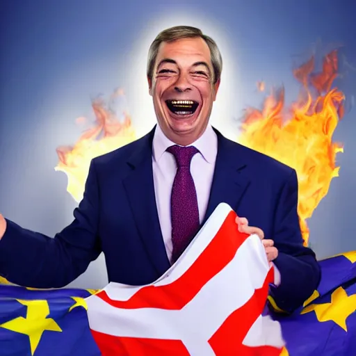 Prompt: nigel farage laughing holding burning eu flag, studio photograph, hd, studio