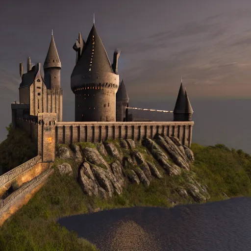 Prompt: photorealistic castle from harry potter + night time scene + detailed castle structure + lake in front of the castle + high res + 4 k + unreal engine