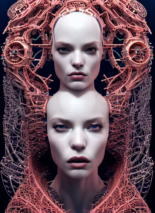 Image similar to portrait of an absurdly beautiful, graceful, sophisticated, fashionable cyberpunk mechanoid, hyperdetailed illustration by irakli nadar and alexandre ferra, intricate linework, white porcelain skin, faberge, fractal, coral headdress, unreal engine 5 highly rendered, global illumination, radiant light, detailed and intricate environment