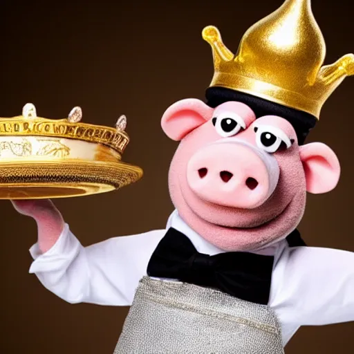 Image similar to pig waiter wearing a gold crown as a Muppet holding a silver platter 8k